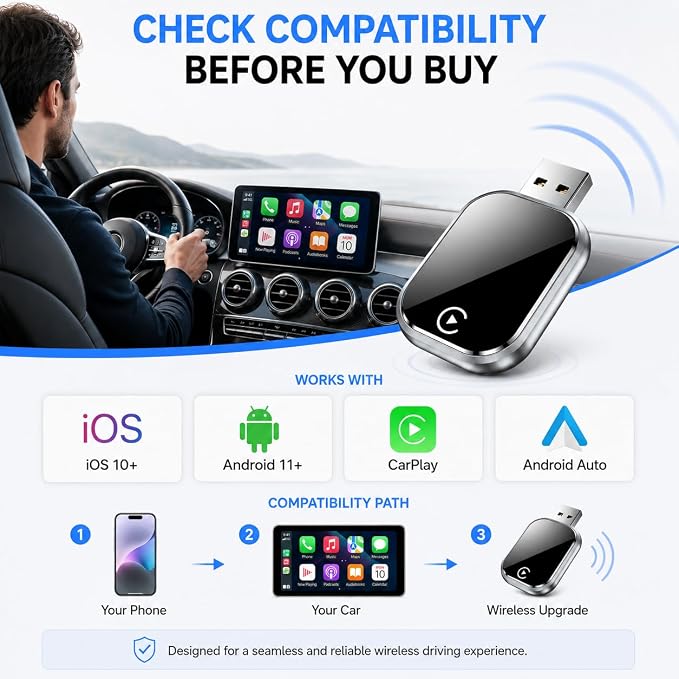 Wireless Carplay and Android Auto Carplay Adapter forCars,Plug and Play Bluetooth Connection, Supports Low LatencyAudio and Stable Navigation Experience, Compatible wthios10+&Android 11+