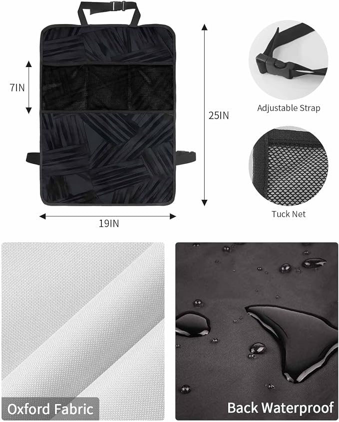 Modern Line Car Seat Protector, 2 Pack Kick Mats with Organizer - 3 Pocket Storage Abstract Farmhouse Black Brushstroke Blocks Waterproof Back Seat Cover Universal Fit Automotive Interior Protectors