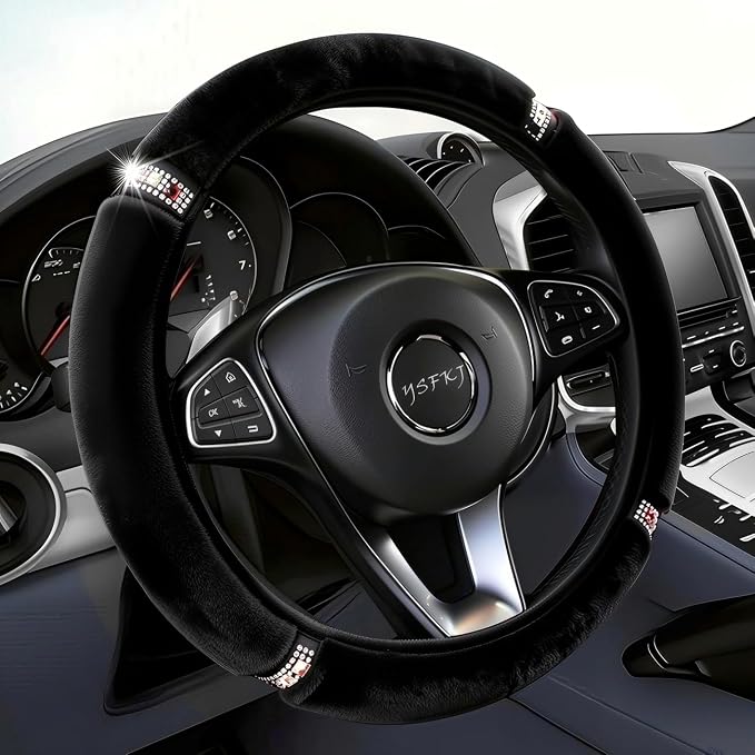 Diamond Fluffy Steering Wheel Cover with Sparkly Crystal Rhinestones, Universal 15 Inch Car Elastic Steering Wheel Protector for Women Girls (Black)