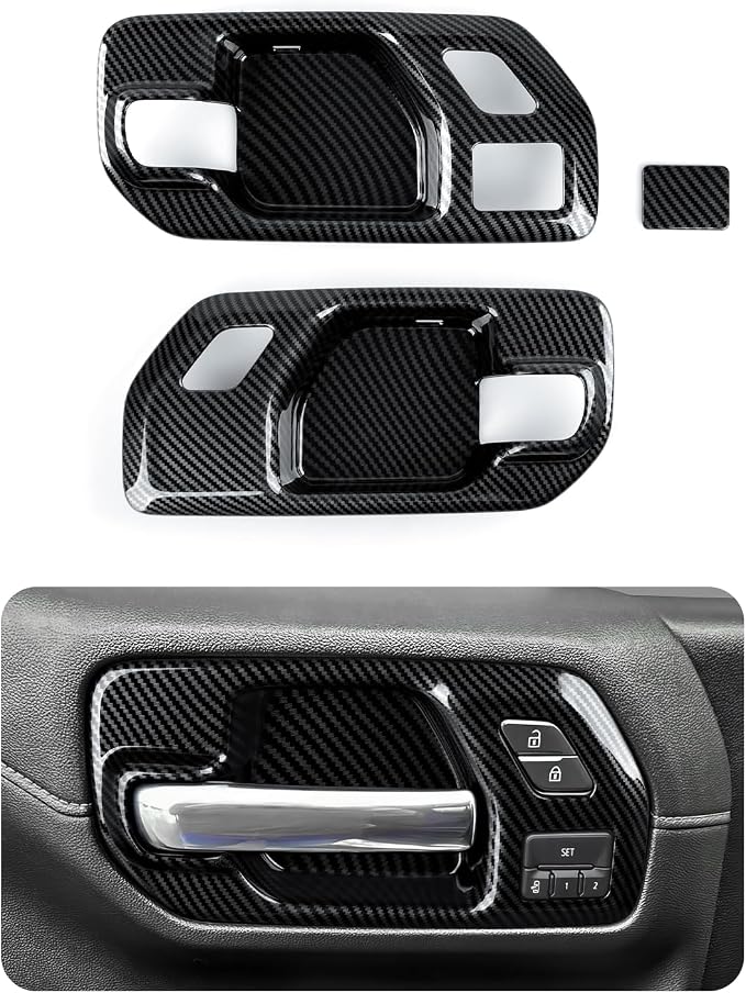Car ABS Carbon Fiber Front Inner Door Handle Cover Interior Trim Side Mirror Decor for 2019-2025 Chevy Silverado | for 2019-2021 GMC Sierra 1500 2500 3500 HD Accessories