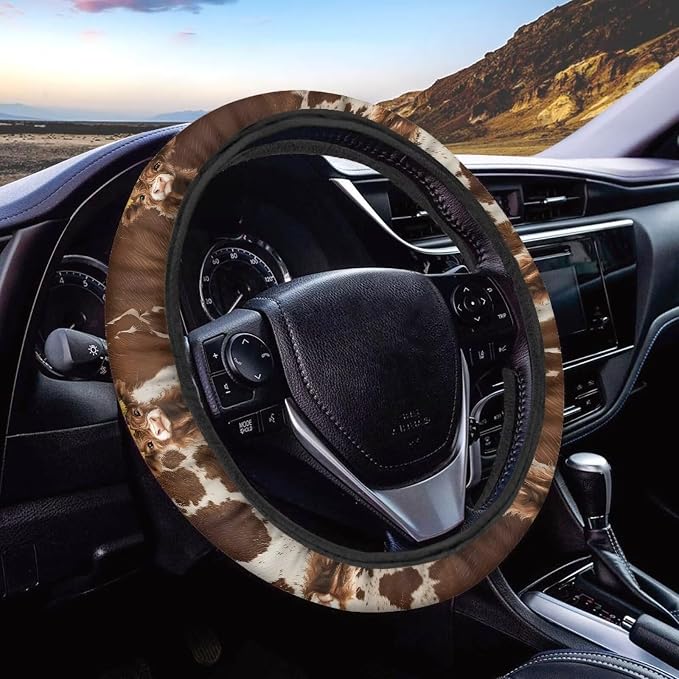 Retro Brown Sunflower Cow Pattern Wear-Resistant Steering Wheel Cover Fit for 15 inches Car Wheel Protector Automotive Accessories Universal Fit Car Van SUV Truck