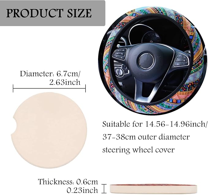 3 Pack Boho Steering Wheel Cover with Car Cup Holder Coasters Universal Baja Hippie Bohemian Style Steering Wheel Covers Cute Car Steering Wheel Cover for Women Girl 15 Inch (Orange)