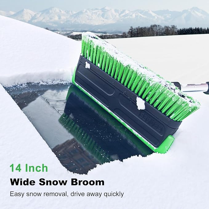 56 Inch Truck Snow Brush Scraper Long Handle, Heavy Duty Extendable Snow Broom for SUV, Windshield Ice Scraper with Foam Grip for Car Automobile Vehicle Window - Green