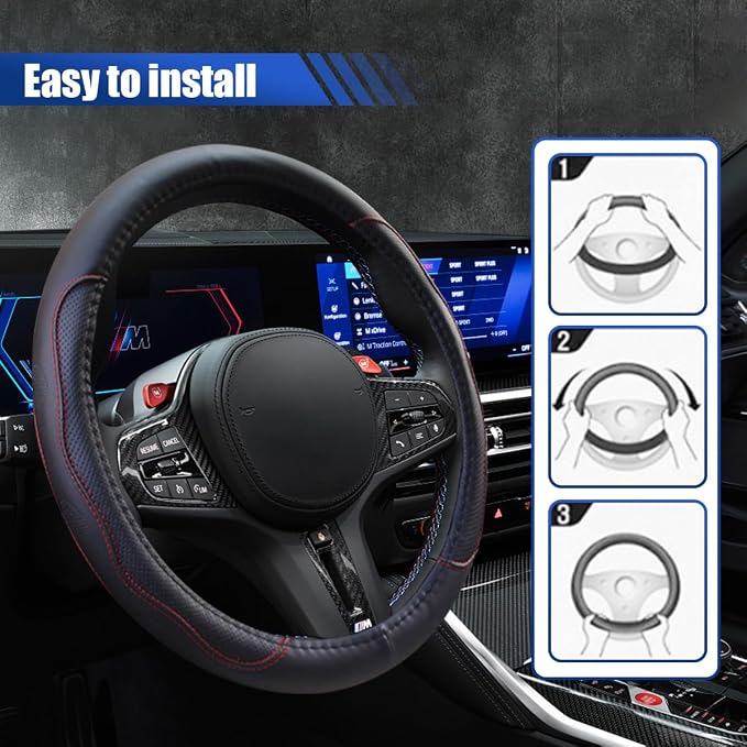 15Inch Leather Car Steering Wheel Cover for SUV, Truck, Black&Red | Anti-Slip Breathable Automotive Steering Wheel Protector, Universal Heat Resistant Vehicle Interior Accessories