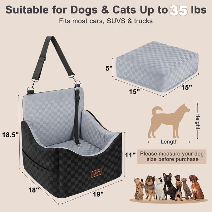 Elevated Dog Car Seat for Small/Medium Dogs up to 35 lbs, Memory Foam Booster Seat with Detachable Washable Cover, Travel-Safe Car Bed with Safety Belts & Storage Pockets, Grey
