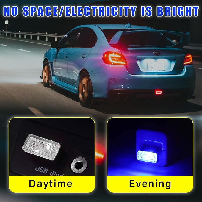 4 PCS USB LED Car Interior Atmosphere Lamp, Plug-in USB Decor Night Light, Portable Auto Ambient Lighting Kit, Universal Vehicle Interior Accessories for Most Cars (Blue)