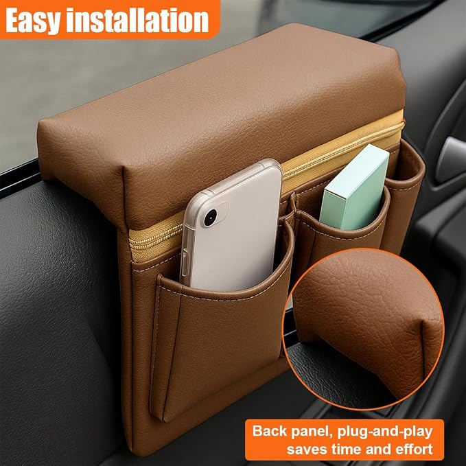 Car Window Armrest Storage Box, Leather Car Side Door Armrest Organizer Storage Bag with Multiple Pockets, Universal Comfortable Elbow Rest Pad Cushion for Auto Interior Accessories (Brown)