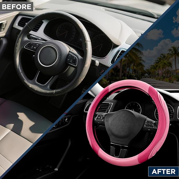 Car Steering Wheel Cover - Microfiber Leather Steering Wheel Wrap Sports 14.5-15 Inch Steering Wheel Cover Non-Slip for Men Women Pink & HotPink Color