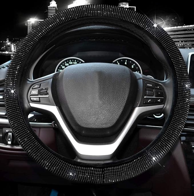 Steering Wheel Cover for Women 15 1/2 inches-16 inches Bling Bling Crystal Diamond Sparkling for F150 F250 F350 Ram 4Runner Tacoma Tundra Range Rover (Black with Black Diamond)
