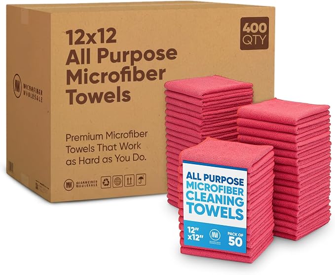 Bulk 12” X 12” All Purpose Microfiber Towels Wholesale - Case Quantity (400 Count) | No Fraying | High Density Microfiber | Zero Chemical Cleaner | Long-Lasting (Red)