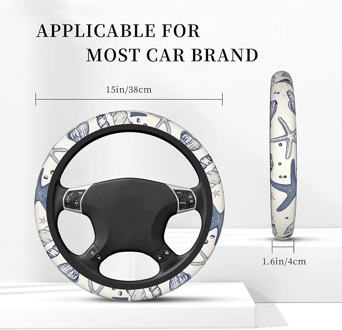 Car Steering Wheel Cover with Anti-Slip Lining, Universal 15 inch Wheel Cover, Fashion Car Interior Accessories for Women Men - Sea Starfish Shells