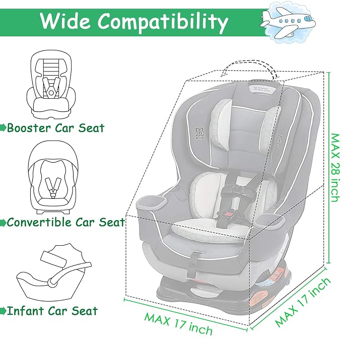 Car Seat Travel Bag, Padded Car Seats Backpack for Air Travel, Heavy Duty Carseat Travel Bag for Airplane, Airport Gate Check Bag (Green)