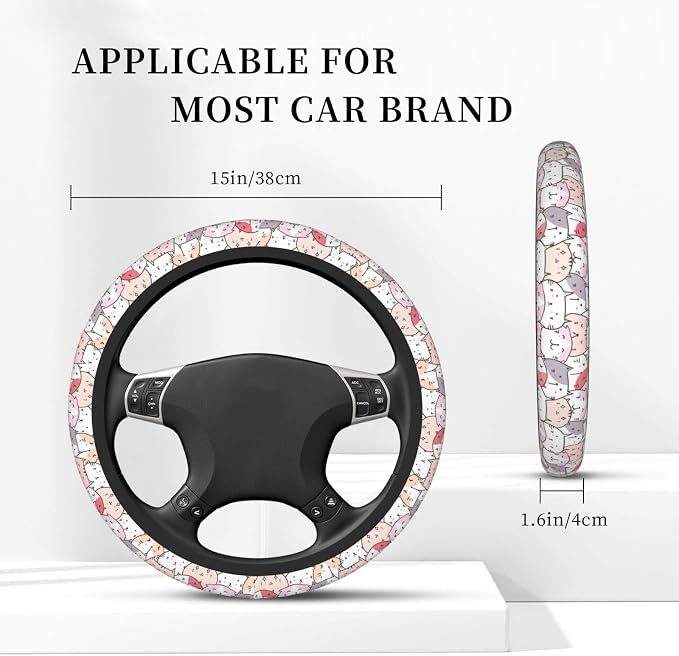Cute Cat Steering Wheel Cover for Women, Universal Auto Steering Wheel 14-15 Inch Car Interior Accessories with 2PCS Car Coasters, Suitable for Men and Women
