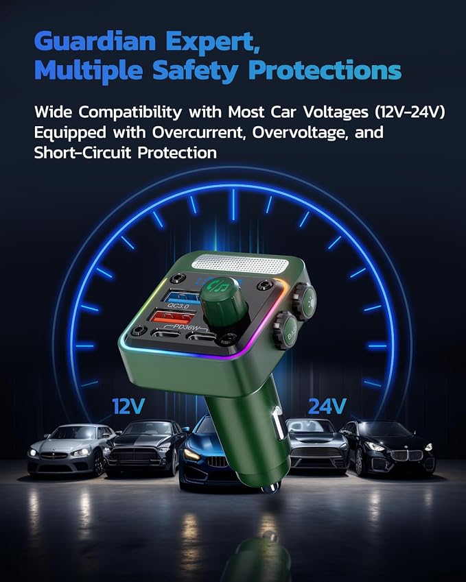 54W Bluetooth 5.3 Car Adapter with 4 Charging Ports [PD 36W & QC3.0 18W], Wireless Radio FM Transmitter with Deep Bass Player & 5 Colors LED Backlit, Hands-Free Calling - Green