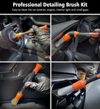 3pcs Car Detailing Brush Set, Boars Hair Detailing Brushes, Ultra Soft Detail Brush for Air Vent Leather Seat, Scratch Free Car Detailing Brushes for Interior Exterior, Orange