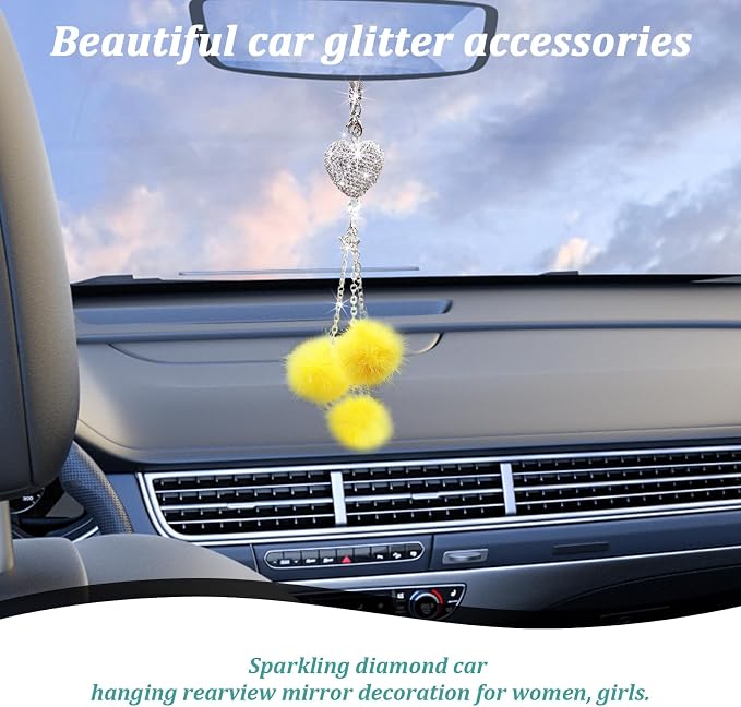 Bling Diamond Heart Car Interior Accessories, Heart & Pink Plush Ball Decor Ornament Pendant, Hanging Decoration Charm (Yellow)