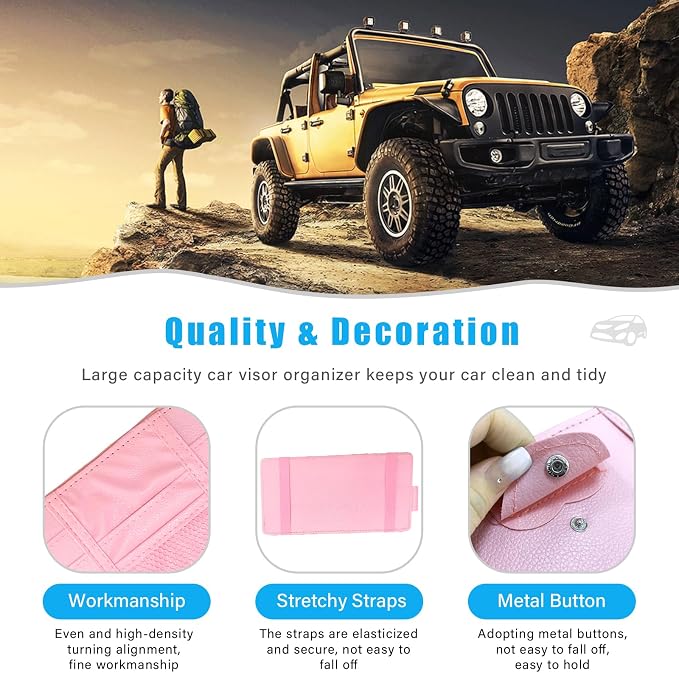 Car Sun Visor Organizer, Leather Personal Belonging Storage Pouch with Zipper, Car Visor Storage Pouch Sunglasses Holder, Auto Interior Accessories Pocket Organizers (Pink)