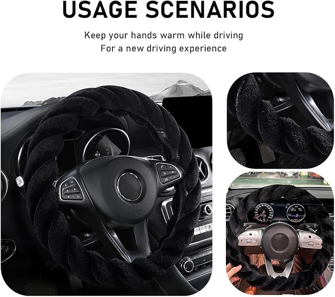 Fluffy Car Steering Wheel Cover, 15 Inches Anti-Slip Round Fuzzy Winter Steering Wheel Protector, Soft Warm Plush Steering Wheel Cover for Women Girls, Car Accessories (Black, Round)