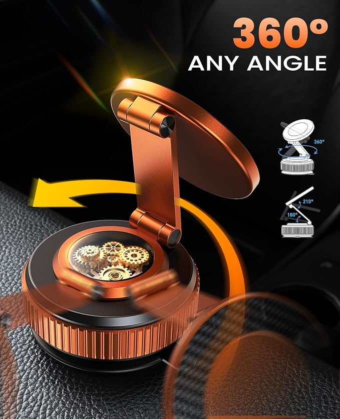 Jononser Magnetic Car Phone Mount,Zinc Alloy Foldable Holder with Strong Nano-Gel Adhesion & N52 Magnet, 360° Adjustable Dashboard/Windshield Phone Holder for iPhone 17/16/15/14/13/12,Golden Orange