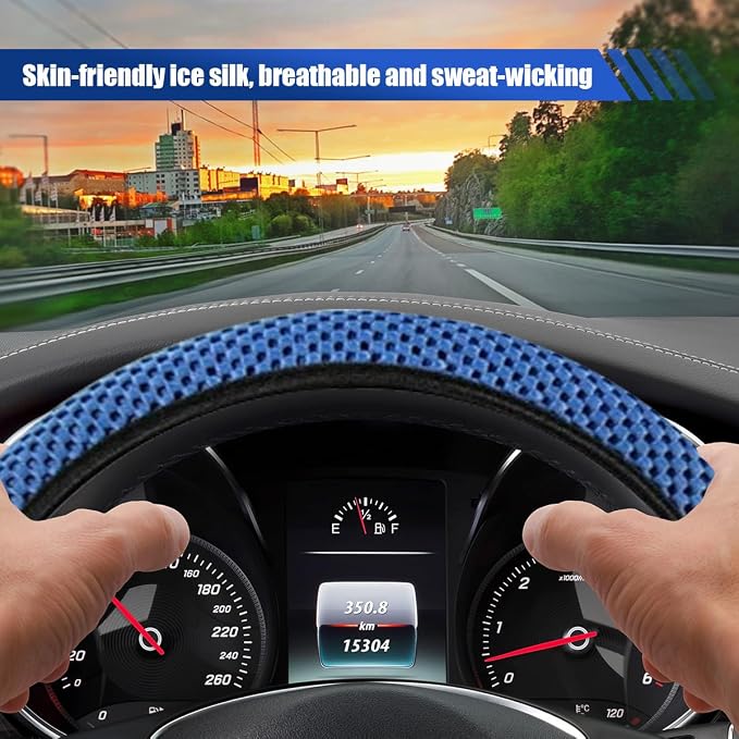 Elastic Stretch Steering Wheel Cover, 15" Breathable Microfiber Ice Silk Steering Wheel Protector, Universal Anti-Slip Car Warm in Winter&Cool in Summer Accessories for Men Women (Blue)