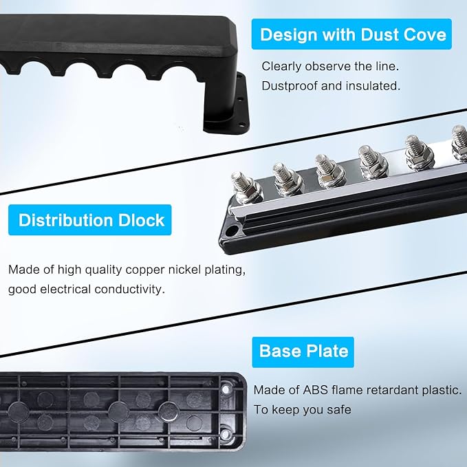 600A Bus Bar Heavy Duty Power Distribution Block 48V DC Busbar Box with 8X M10(3/8") Terminal Studs for Battery Marine Automotive RV Car Truck (Black)