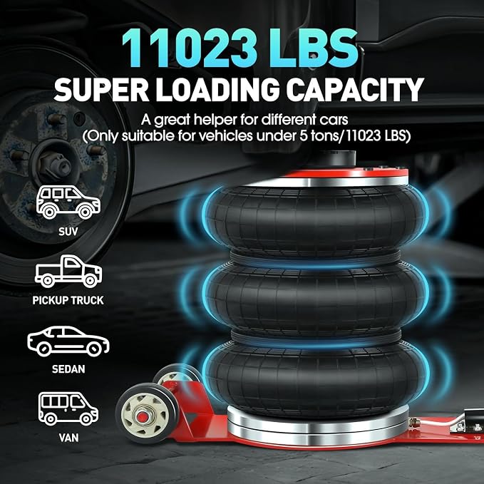 DNA Motoring Air Jack 5 Ton / 11000lbs Triple Bag Airbag Jack with Long Handle, 3-5 s Fast Lifting Pneumatic for Cars,Trucks, Garage, Repair, Lifting up to 15.7", TOOLS-00688