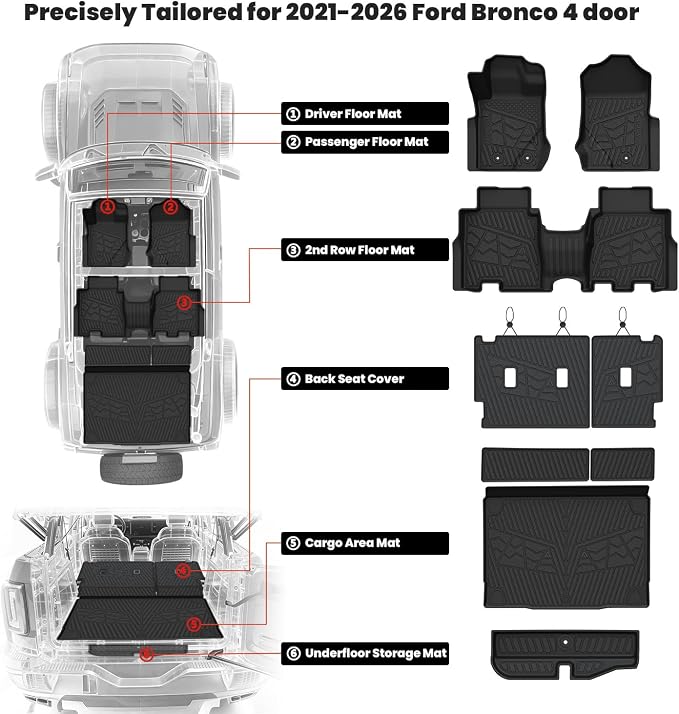 Floor Mats & Cargo Liner Set for Ford Bronco 4-Door 2021-2026, Full Covrage Floor Liners + Cargo Mat + Backrest Mats + Underfloor Storage Mat, Heavy Duty All Weather TPE Interior Protection
