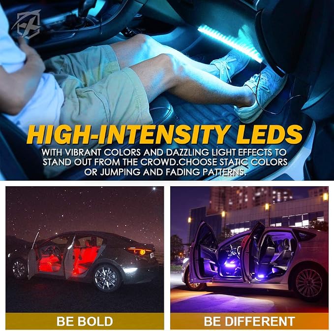 RGB LED Car Interior Bluetooth Light Strips w/Remote & Control Box, Silicone Sealed, Under Dash Footwell Lights Kit w/Cigarette Adapter for Vehicle Internal SUV Truck - 4 PCS
