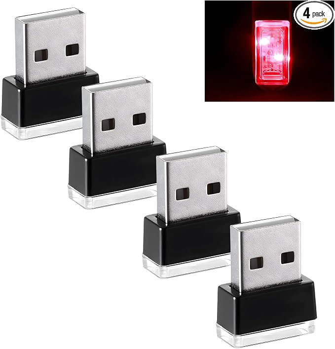 4 PCS USB LED Car Atmosphere Lamp, Mini Night LED Vehicle Trunk Ambient Lighting Kit, Portable Plug-in USB Interface Vehicle Decor Atmosphere Lamp, Interior Car Accessories (Red)