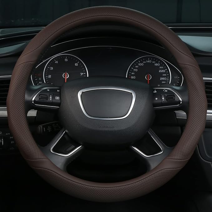 Brown Leather Steering Wheel Cover Universal 15 inch