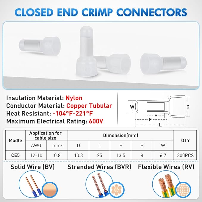 300PCS CE5 Closed End Crimp Terminal 12-10 Gauge Nylon Insulated Closed End Wire Cap Wire Connectors Crimp Cap Terminals Connectors for Automotive Car Truck Boats Marine Electrical Wiring
