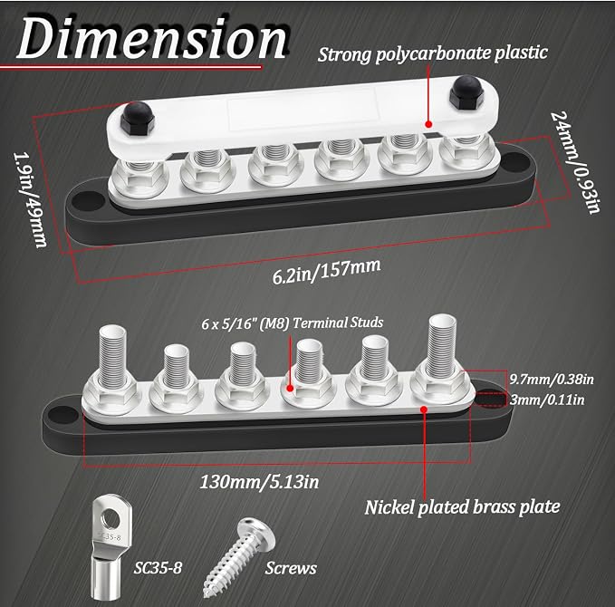 250A Bus Bar 12V Marine 6 x 5/16" (M8) Terminal Studs 12V-48V Power Distribution Block with Cover,with 6PCS Battery Lugs and 6PCS Heat Shrink Tubing Busbar for Boat Automotive Car