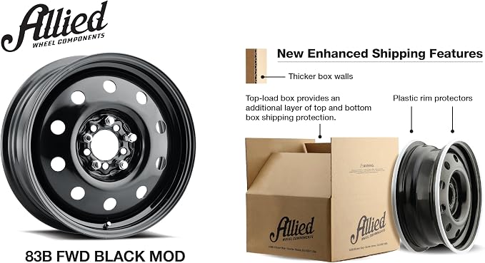 Allied 83B FWD Black Mod 16X6" 5X100 & 5X115 Bolt Patterns +35mm Offset 4.88" BS Satin Black Passenger Car Wheel, Bolt-on OE Replacement, Car Mods, FWD, AWD, SUV and CUV Steel Wheel
