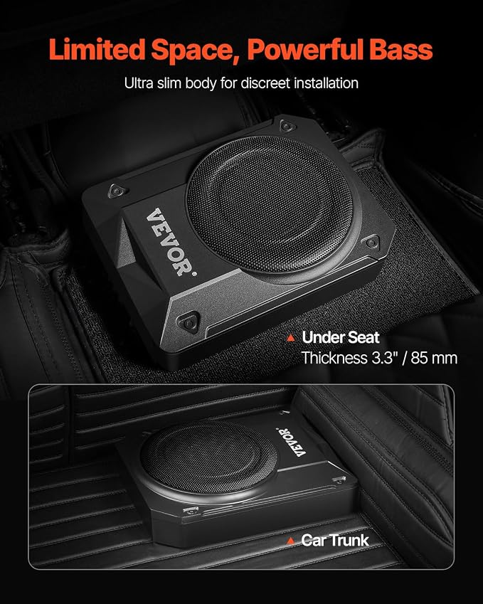 10" 400W Underseat Car Subwoofer, Slim Powered Car Subwoofers Under The Seat, Low Profile Audio Sub Built-in Amplifier, High/Low Level Input & Volume Controller for SUVs, Car, Truck, RV