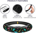 Dinosaurs Colors Cartoon Dinos in Neon Steering Wheel Cover Car Accessories Cute for Women Girls Girly Universal 15 Inch Neoprene Auto Interior Decor Anti Slip Car Truck Protector