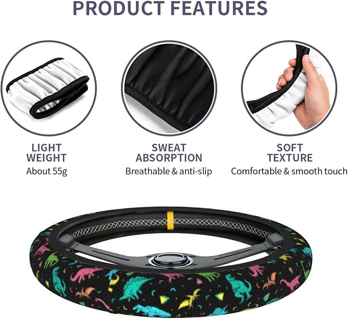 Dinosaurs Colors Cartoon Dinos in Neon Steering Wheel Cover Car Accessories Cute for Women Girls Girly Universal 15 Inch Neoprene Auto Interior Decor Anti Slip Car Truck Protector