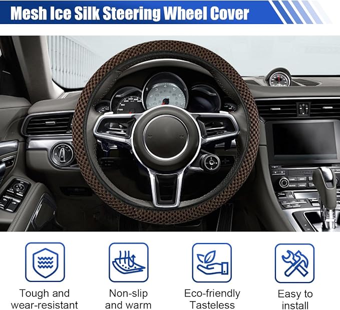 Elastic Stretch Steering Wheel Cover, 15" Breathable Microfiber Ice Silk Steering Wheel Protector, Universal Anti-Slip Car Warm in Winter&Cool in Summer Accessories for Men Women (Coffee)