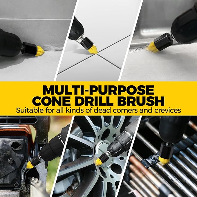 6Pack Drill Brush Power Scrubber Cleaning Brush Extended Long Attachment Set All Purpose Drill Scrub Brushes Kit for Grout, Floor, Tub, Bathroom and Kitchen Surface,Scratch Brushes（Yellow）