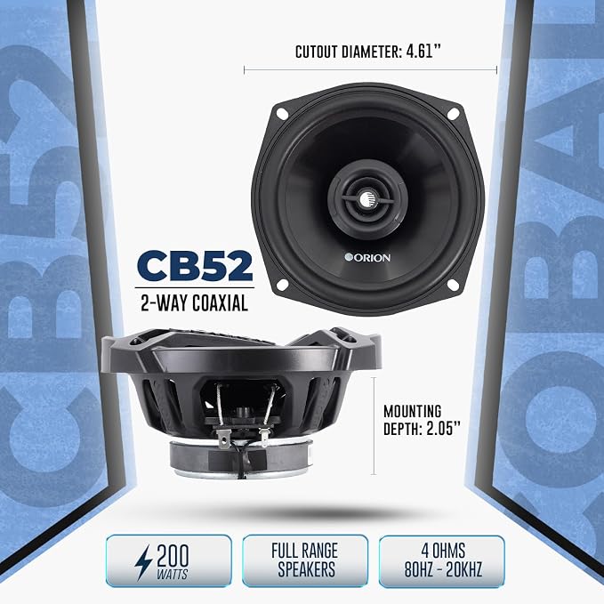 ORION Cobalt Series CB52 5.25” 2-Way Coaxial Car Speakers, 200W, 4 Ohms, Full Range, Enhanced Bass, Polypropylene Cone & Butyl Rubber Surround, Easy Install, Grills Included (Pair)