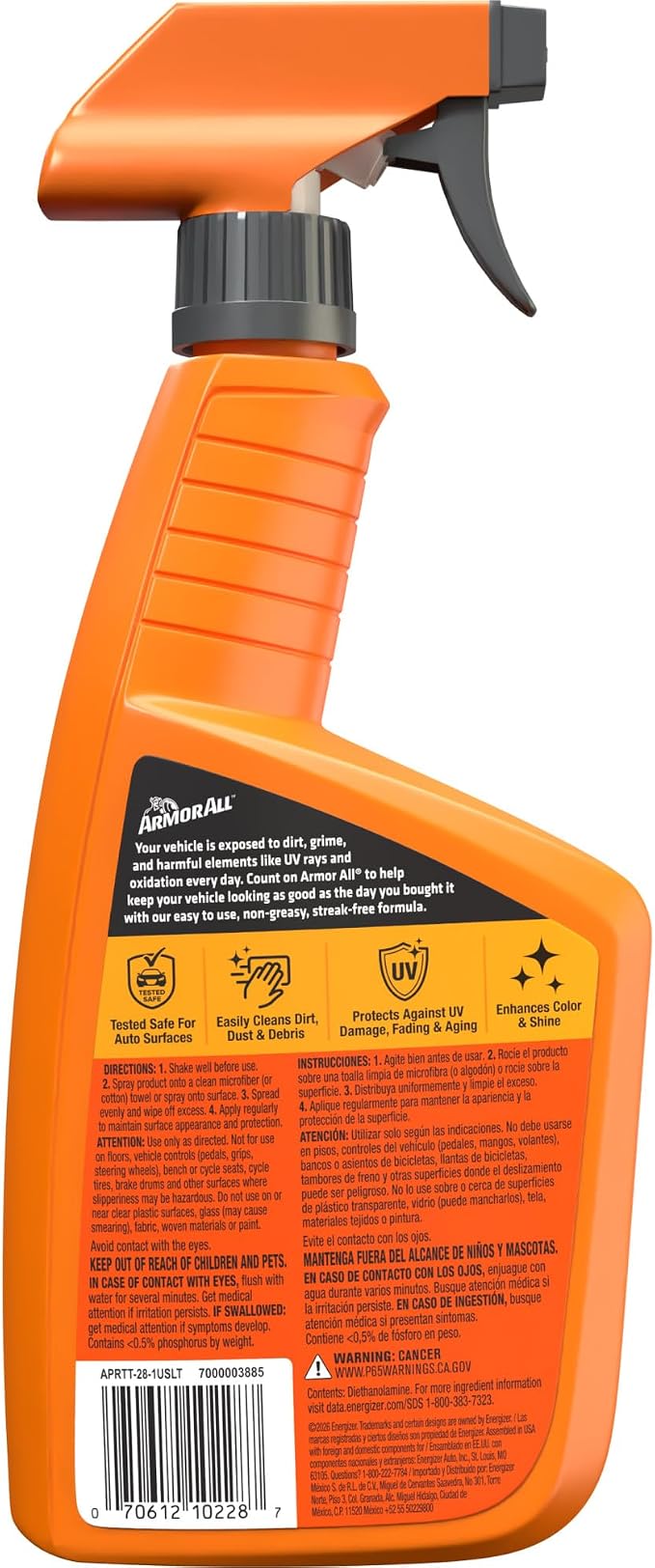 Streak-Free Original Protectant Spray, Car Interior Cleaner, 28oz | Car cleaning spray, dashboard cleaner for car interior safe on vinyl, rubber, plastic; apply with cloth, not for controls