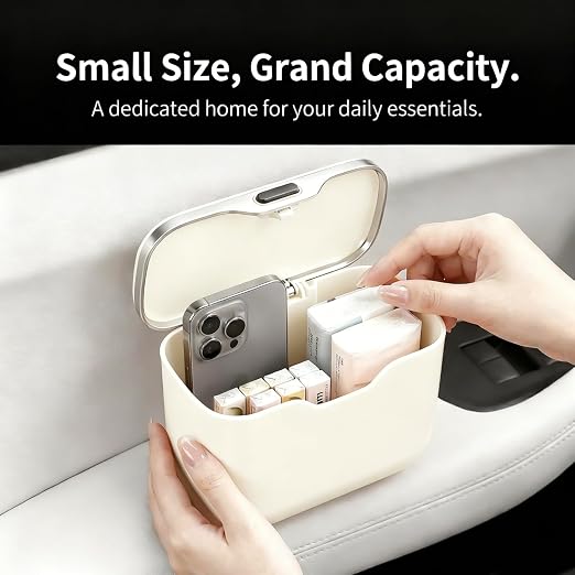 Car Trash Can with Lid - Leakproof Mini Garbage Bin for Door or Seatback,Premium ABS Auto Organizer,Space-Saving Car Garbage Can for Commuters,Families and Pet Owners,Fit for SUV,Sedan,Truck (Beige)