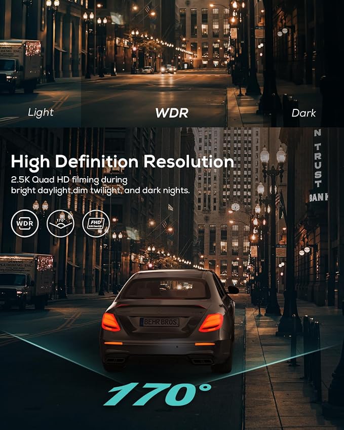 2.5K Dash Cam, 1440P QHD Car Camera with 3" IPS Display, Night Vision, WDR, 170°Wide Angle, Loop Recording, G-Sensor Emergency Recording, 24H Parking Mode, Type C(No SD Card)