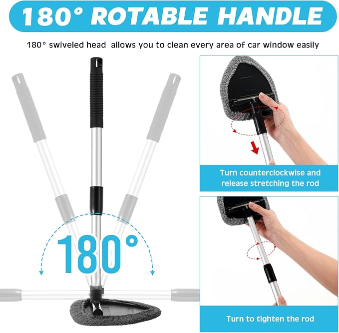 10 Pcs Windshield Cleaner Tool Car Window Cleaning Supplies with Extendable Handle Include 6 Washable Microfiber Bonnets 2 Empty 60ml Spray Bottle Glass Wiper Kit (Gray)