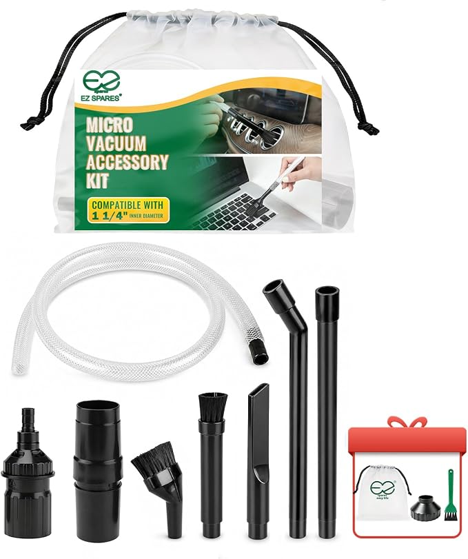 Crevice Attachment Kit, Compatible with 1-1/4 Inch Vacuum,Micro Cleaning Tools for Keyboard, Crevice, Car, Vents & Tight Spaces, Woodworking,Pet Cleaning, with Storage Bag+Boost Suction