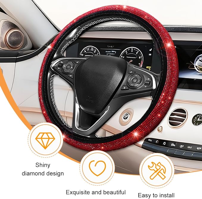 11PCS/Set Bling Car Accessories Set for Women, Rhinestone Vehicle Steering Wheel Cover Seat Belt Cushion Gear Shift Protector Cup Holder Coaster, Universal Automotive Accessories (Red)