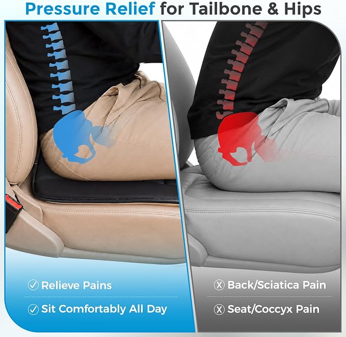 Car Seat Cushion, Memory Foam Seat Cover with Non-Slip Bottom, Universal Fit for Cars, Homes, and Offices - Soft and Comfortable, Black