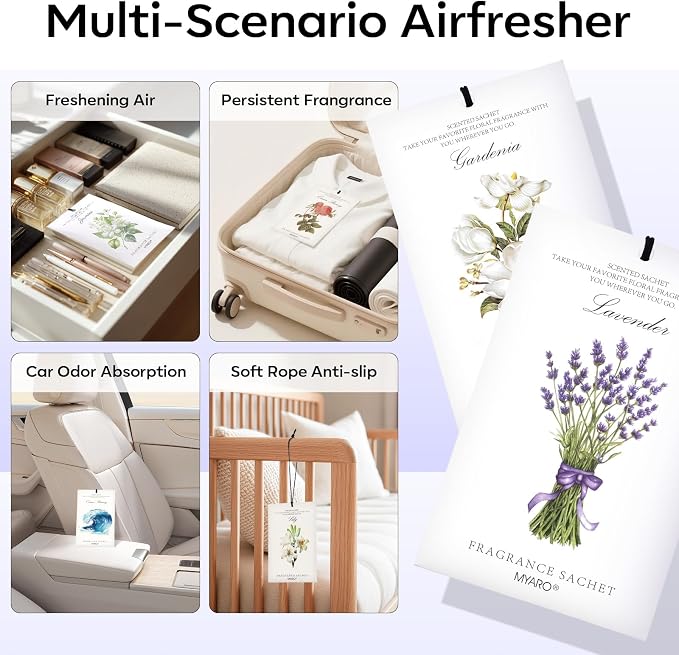 12 Pack Assorted Floral Scented Sachets - Lavender, Rose, Jasmine, Ocean, Gardenia & Lily | Drawer, Closet & Car Air Freshener Bags | Multi-Scent Home Fragrance Gift Set