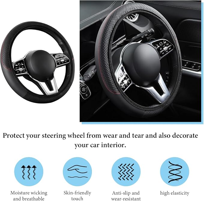 Car Steering Wheel Cover, 15 Inch Anti-Slip Stretch Leather Steering Wheel Protector, Comfortable Breathable Sporty Steering Wheel Cover for Women Men, Car Accessories (Black, AD)