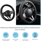 Car Steering Wheel Cover, 15 Inch Anti-Slip Stretch Leather Steering Wheel Protector, Comfortable Breathable Sporty Steering Wheel Cover for Women Men, Car Accessories (Black, AD)