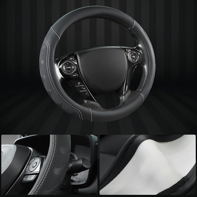 Microfiber Leather Steering Wheel Cover for Honda Accord,Civic,CR-V,HR-V,Pilot(Black+Gray Line-Standard Size)